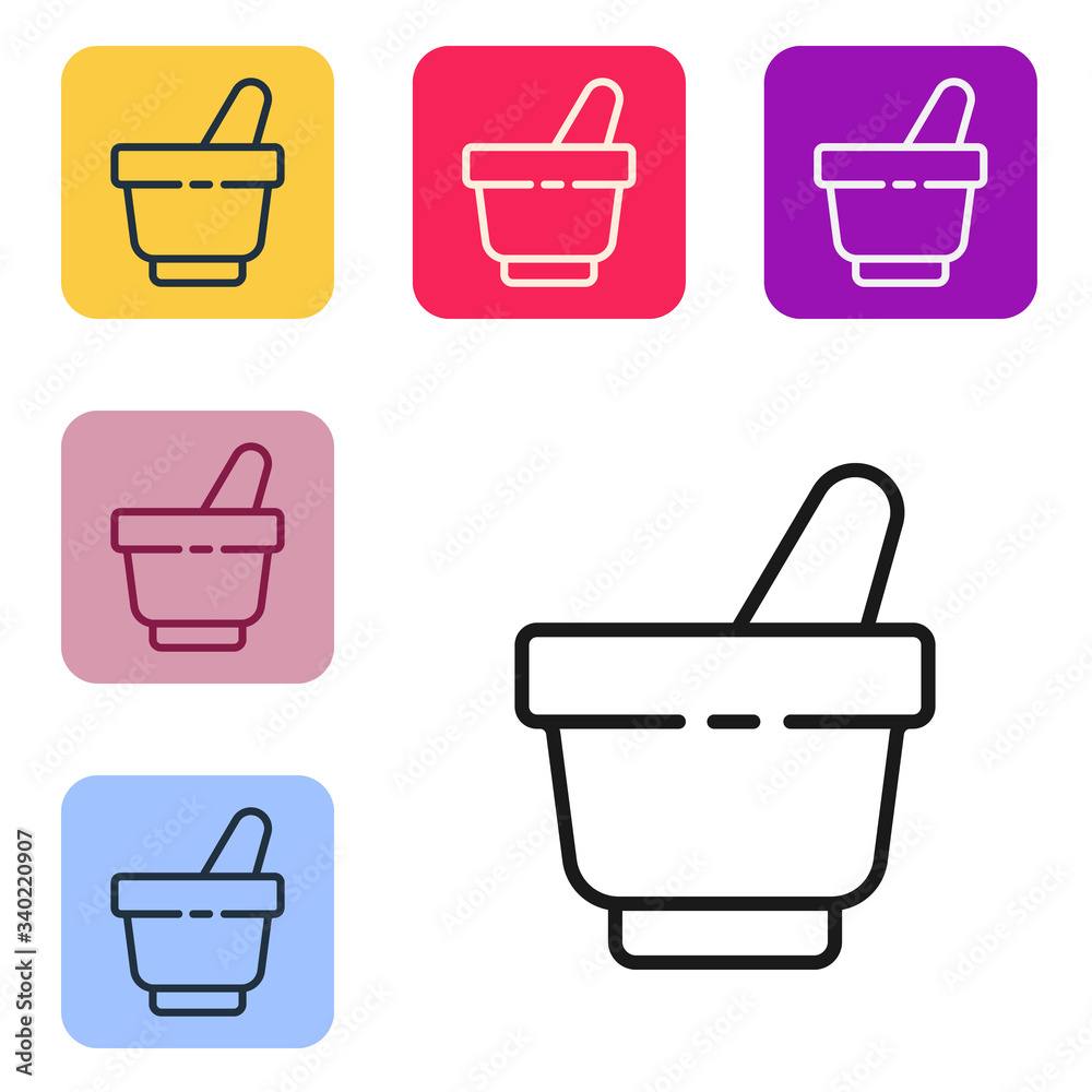 Black line Mortar and pestle icon isolated on white background. Set icons in color square buttons. V