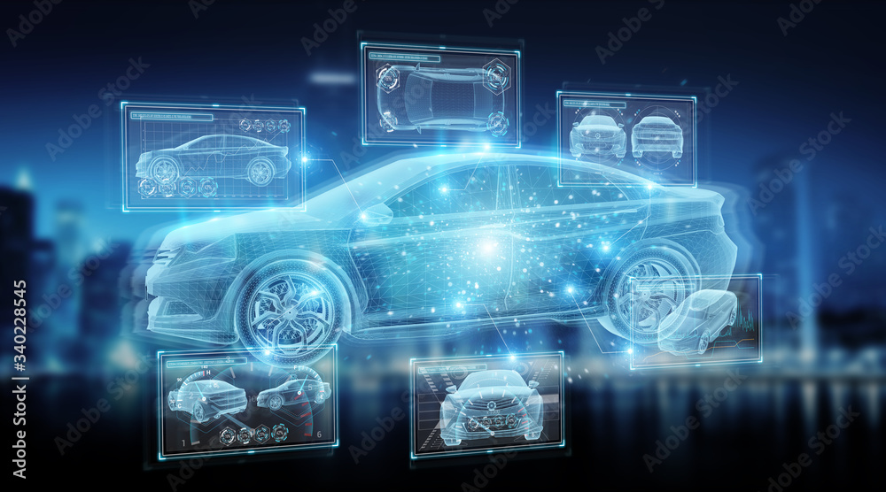 Holographic smart car interface projection on blue background 3D rendering