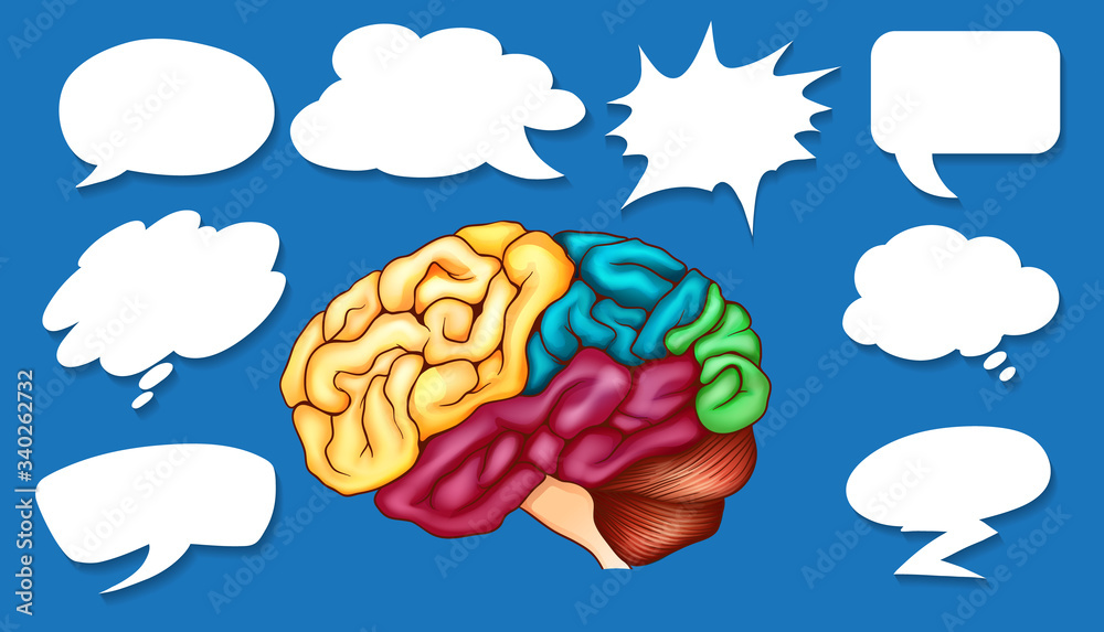 Different shapes of speech bubbles and colorful brain