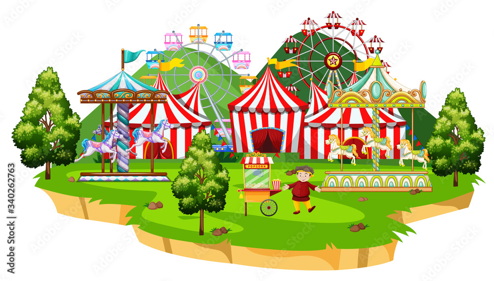 Scene with many rides in the circus park