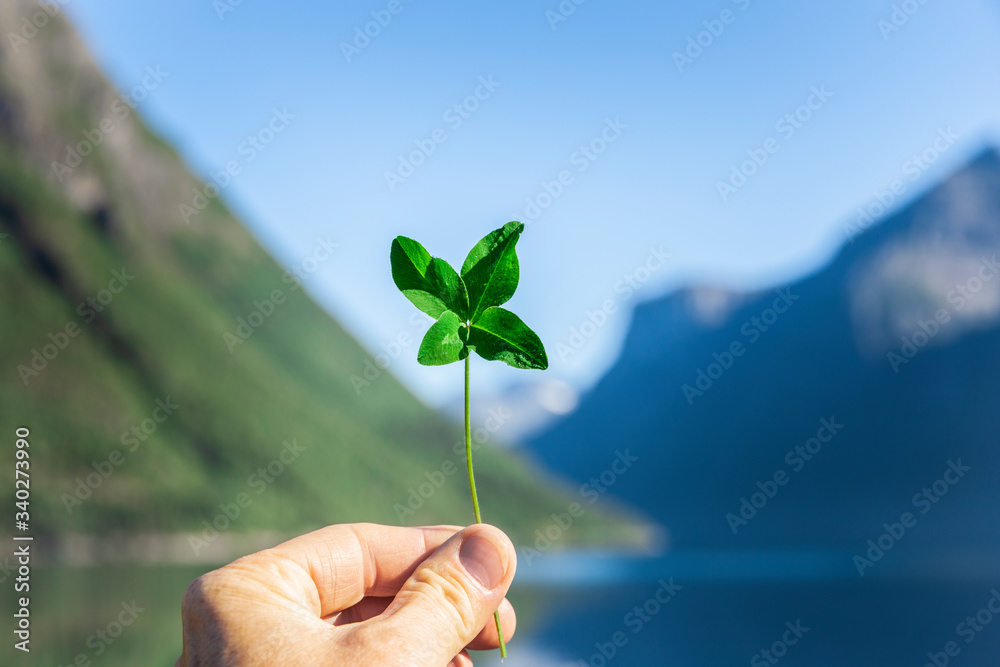 Vierblättriges Kleeblatt in einer Hand vor einer Fjordlandschadft,