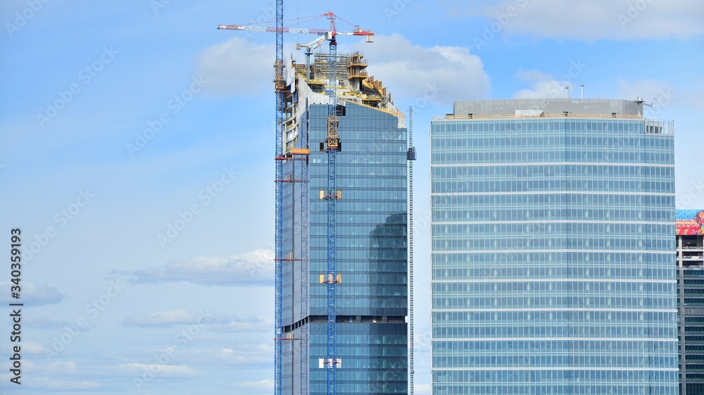 Aerial view of modern skyscrapers and buildings of the city.