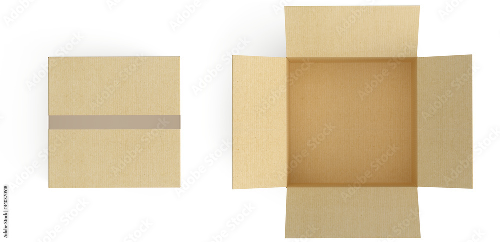 Top View of empty closed and open cardboard box. Isolated on white background. 3d rendering