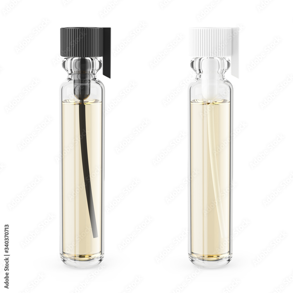 Perfume glass tester vials for you design template. Isolated on white background. 3d rendering