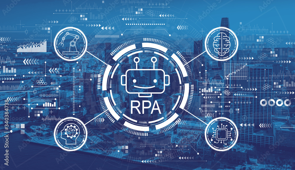 Robotic process automation concept with downtown San Francisco skyline buildings