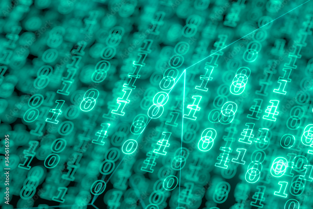 Digital binary data and streaming binary code background, 3d rendering.