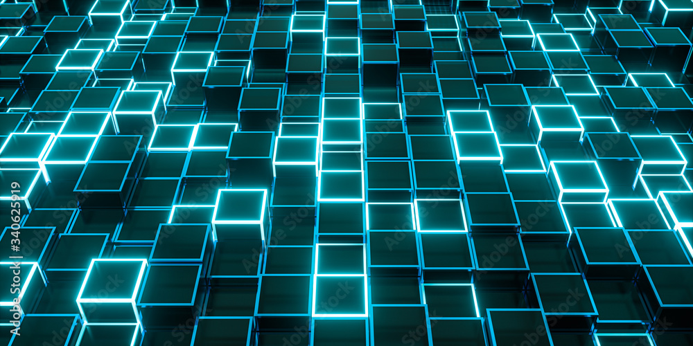 Glowing cubes block, glass material, 3d rendering.