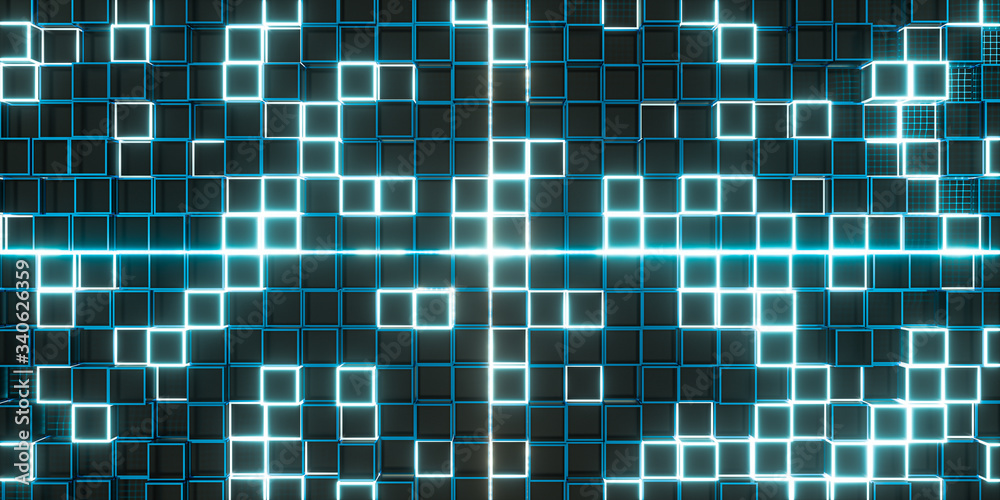 Glowing cubes block, glass material, 3d rendering.