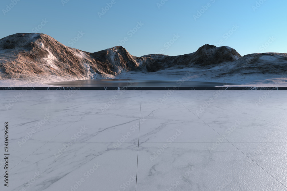 Snow mountains and lake, natural background, 3d rendering.