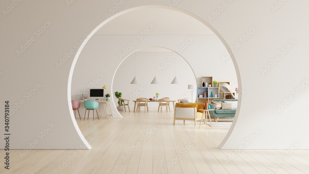 White living room and modern dining room with wooden furniture.