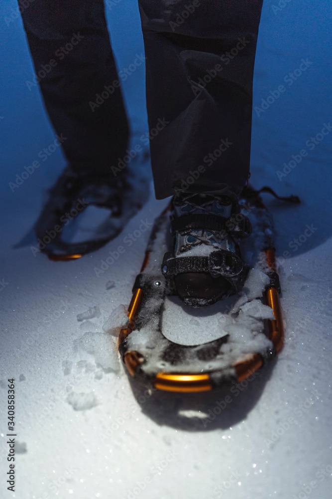 Closeup of snowshoes in the snow