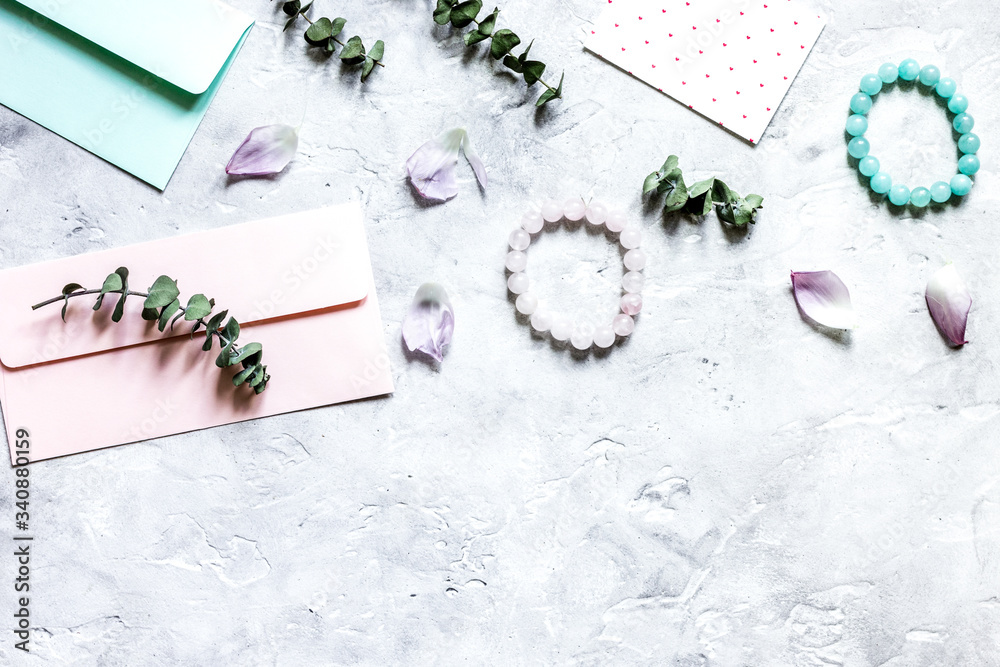 cards and envelopes in holiday concept on gray background top view mockup