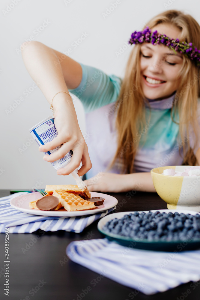 Birthday girl having waffles