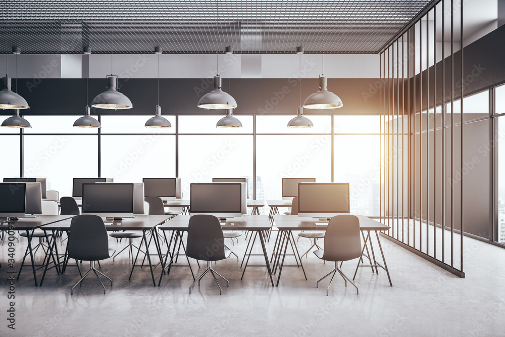 Modern coworking office interior with stairs