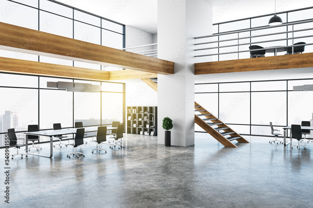 Modern meeting room interior with panoramic city view