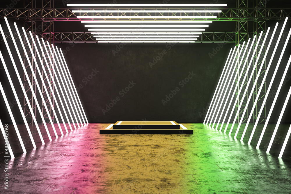 Futuristic interior with luminous rectangle corridor and podium.