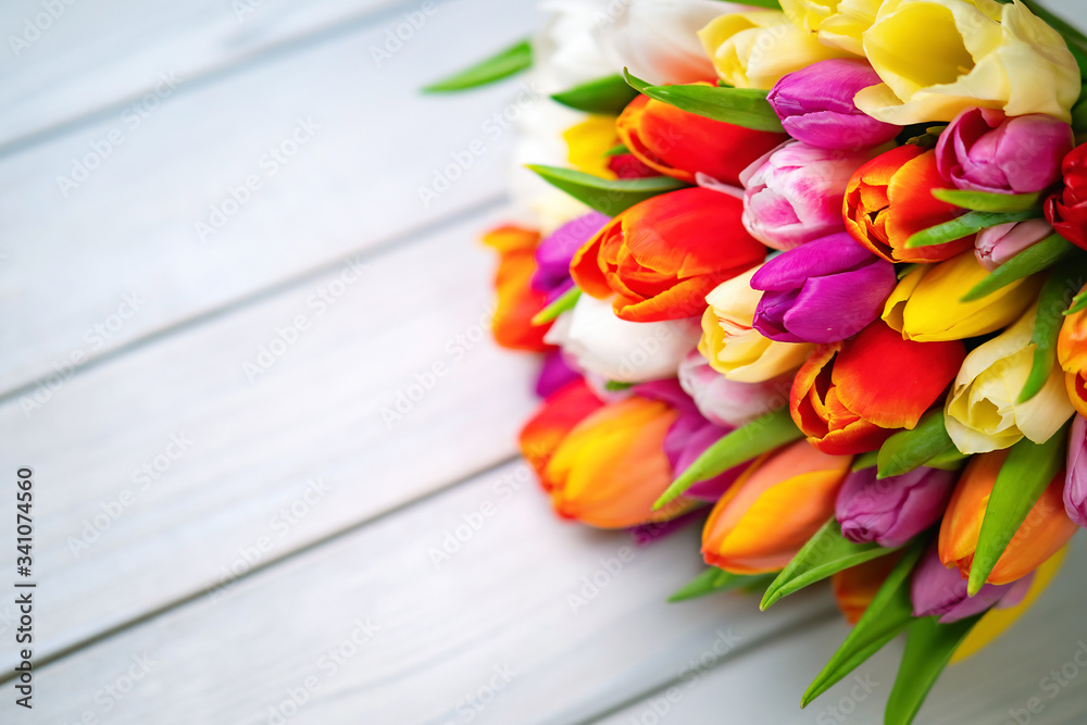 Colorful bouquet of tulips on white wooden background. Spring flowers. Greeting card with copy space