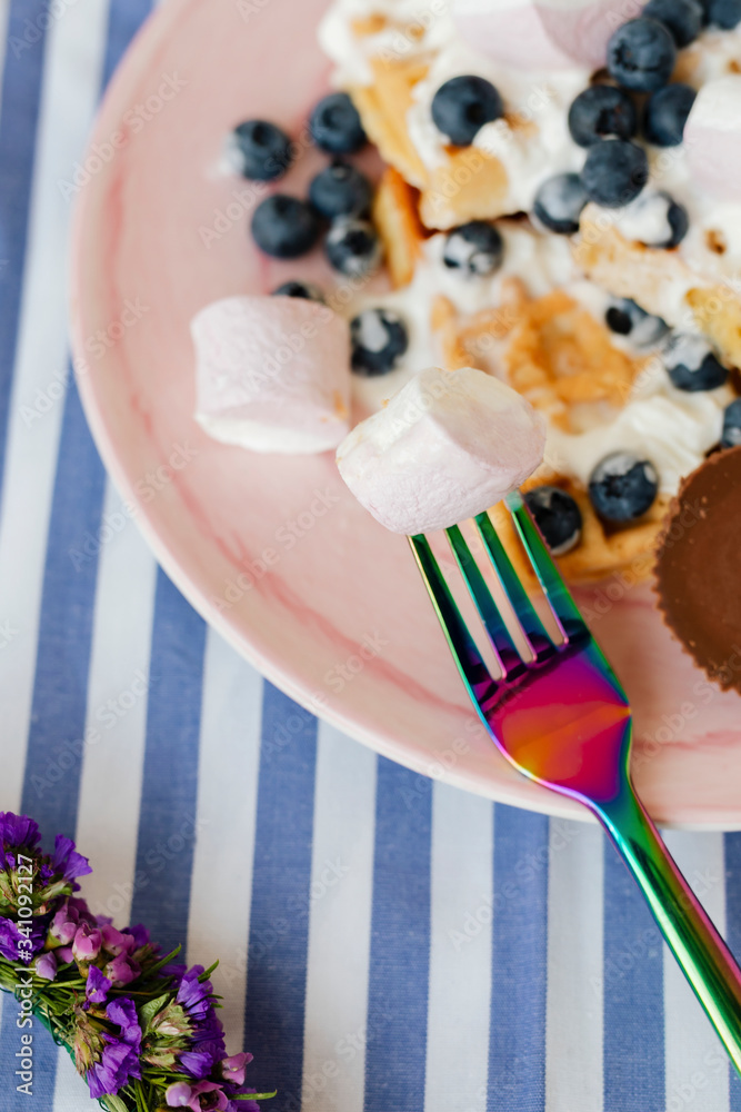 Blueberry waffles with marshmallows