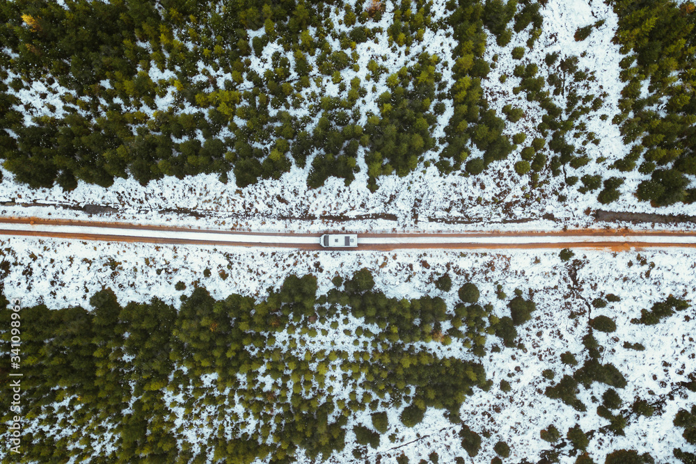 The Trossachs during wintertime drone view