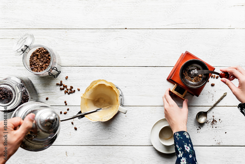 Aerial view of people making drip coffee