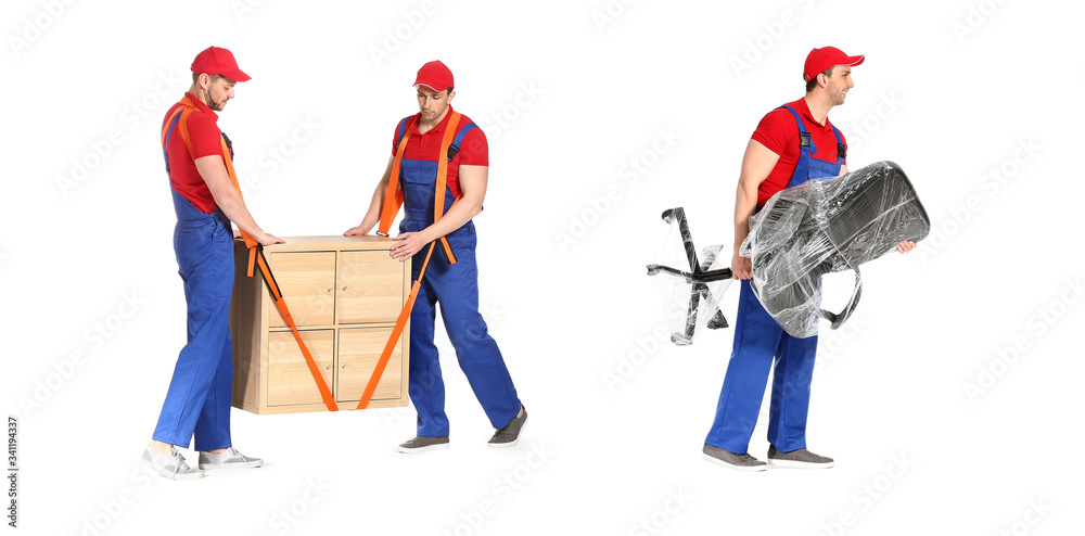 Loaders carrying furniture against white background