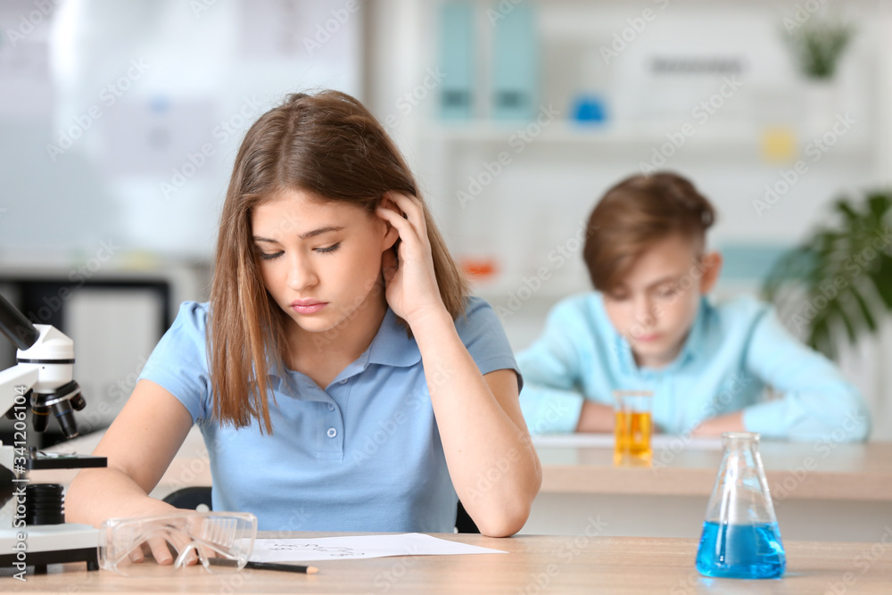 Cute girl at chemistry lesson in classroom