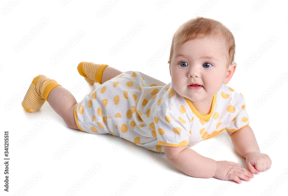 Cute baby in stylish clothes on white background