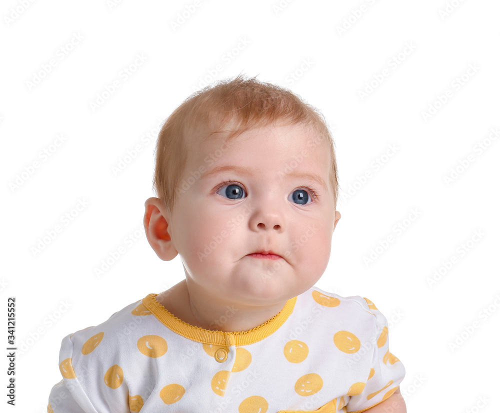 Cute baby in stylish clothes on white background