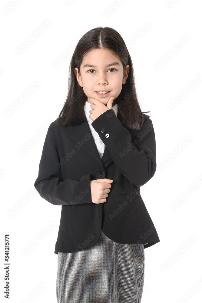 Cute little businesswoman on white background