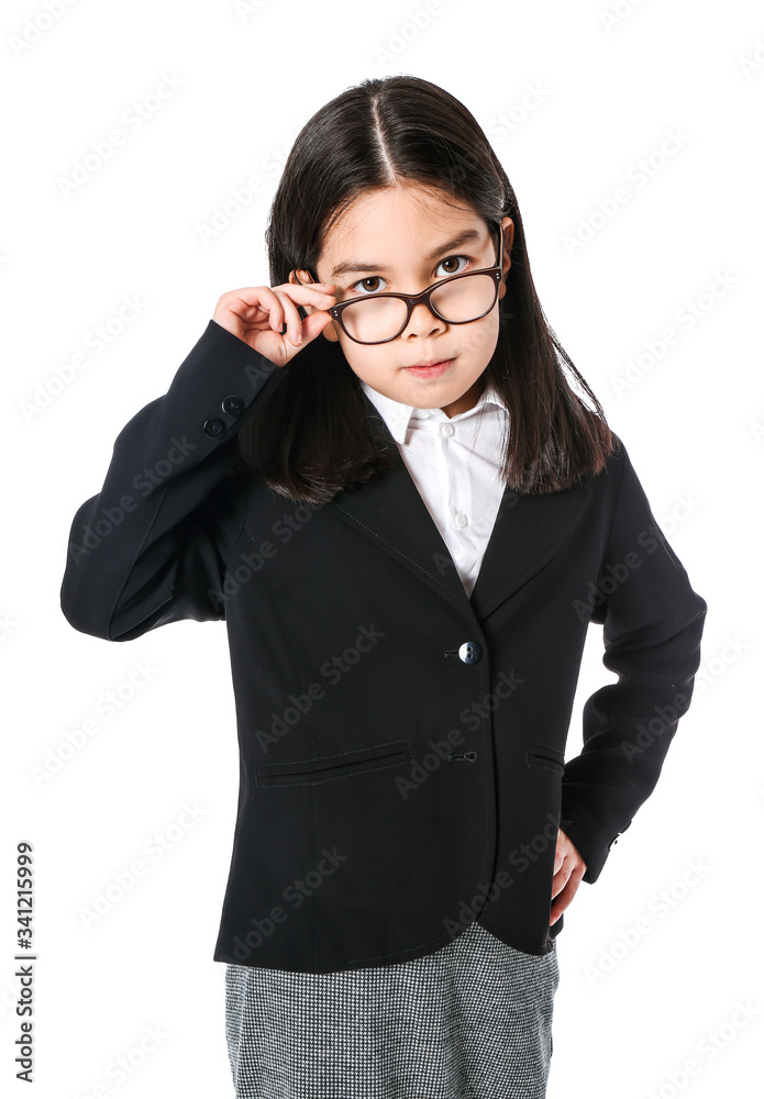 Cute little businesswoman on white background