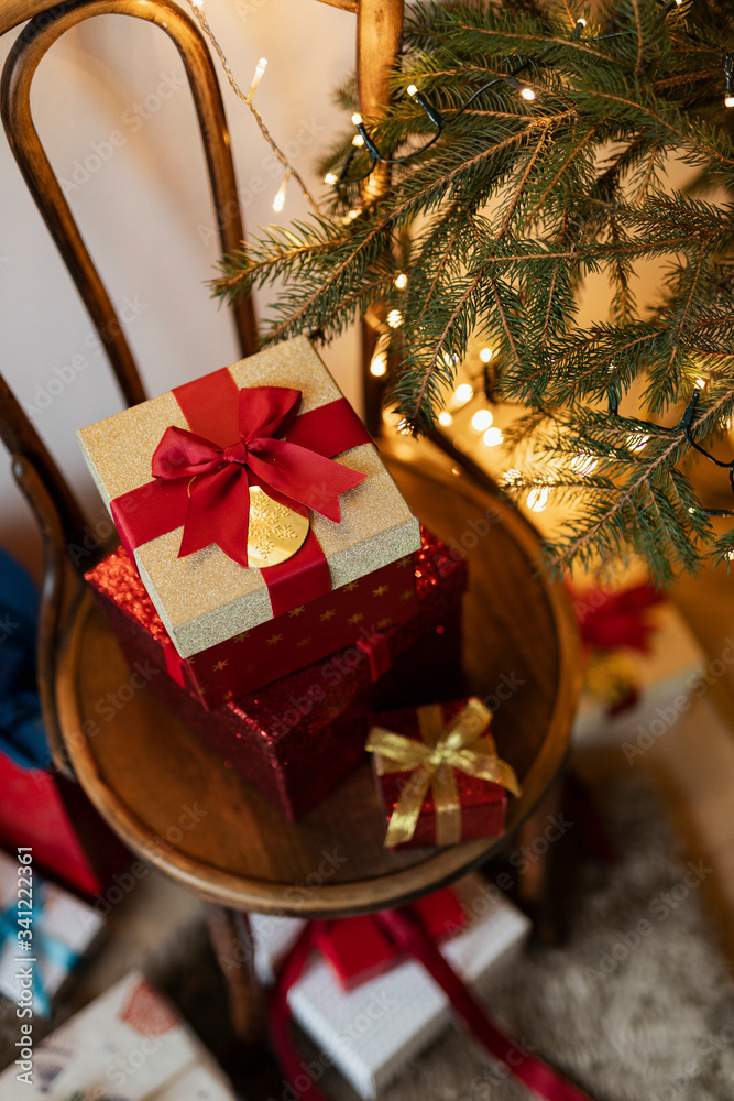 Christmas presents on a wooden chair