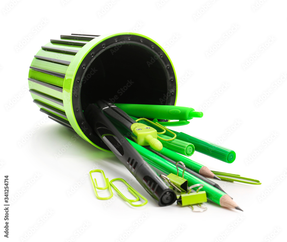 Holder with stationery on white background