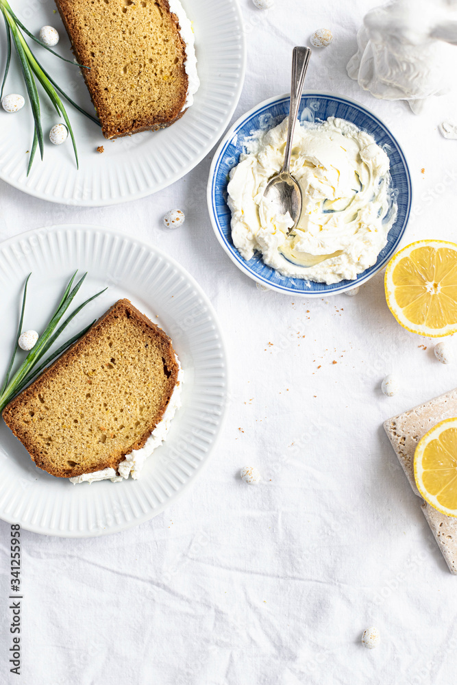 Slice of fresh baked homemade lemon cake