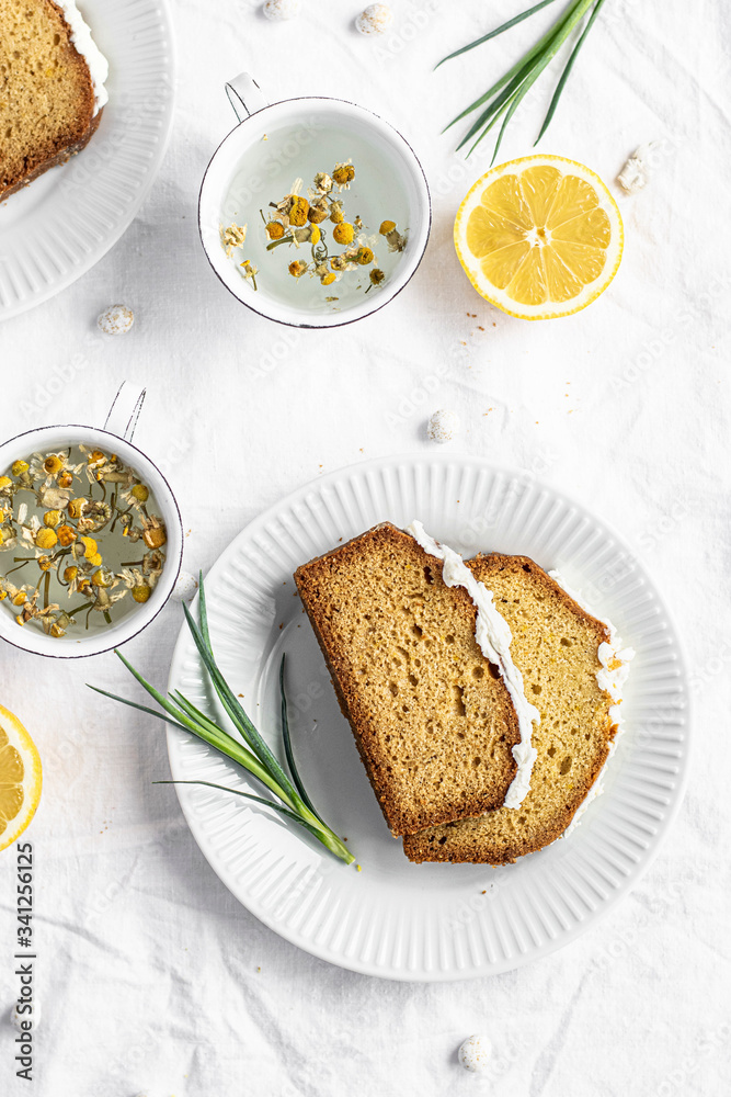 Slice of fresh baked homemade lemon cake