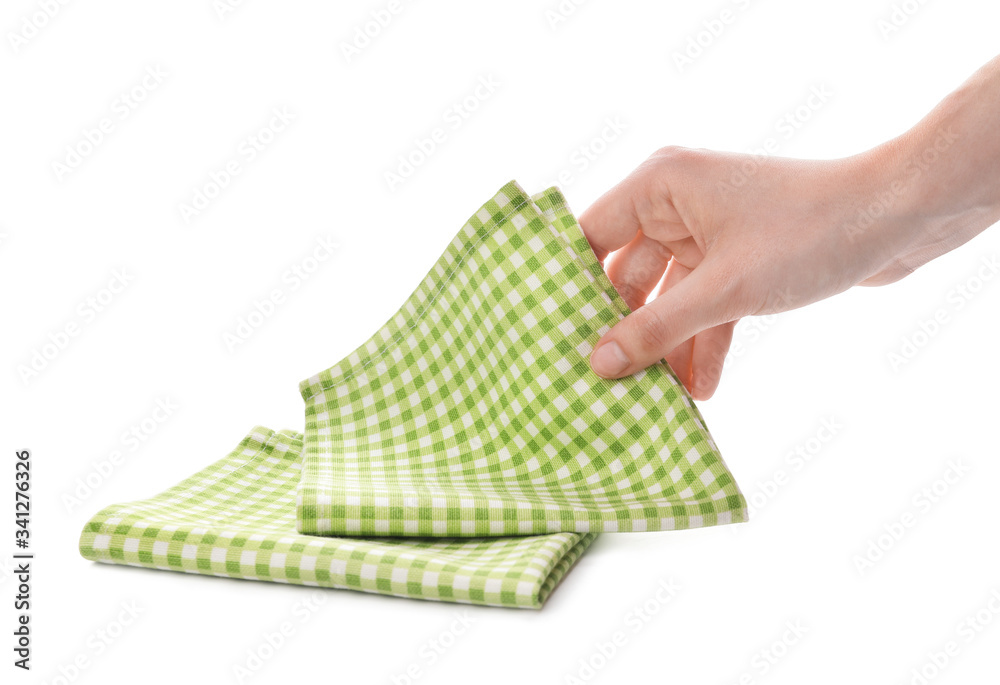 Female hand with napkins on white background