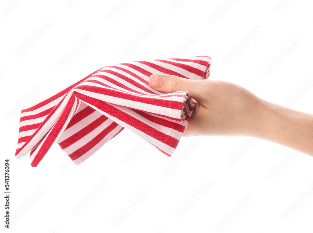 Female hand with napkin on white background