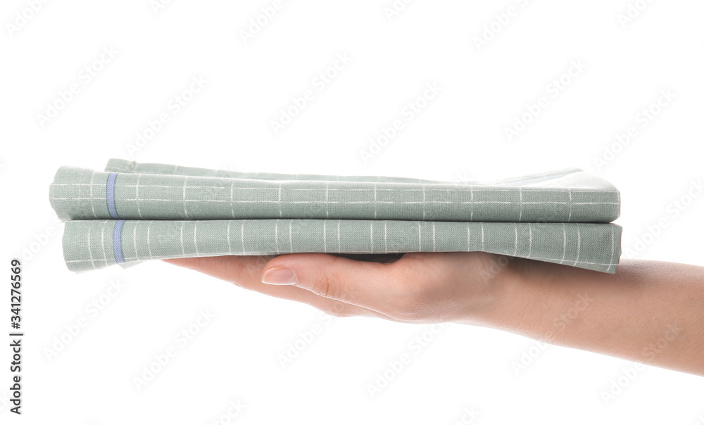 Female hand with napkins on white background