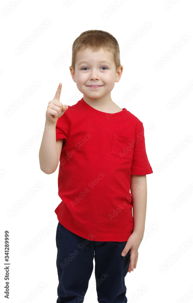 boy in red t-shirt showing thumbs up