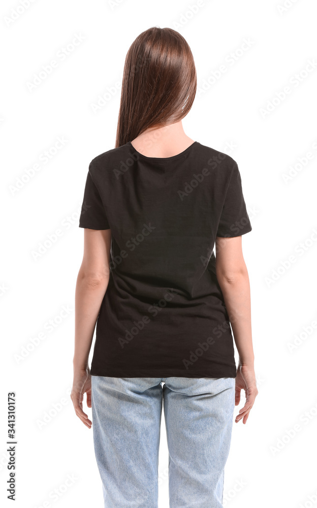 Young woman in stylish t-shirt on white background