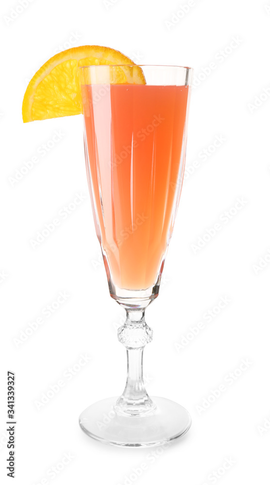 Glass of tasty mimosa cocktail on white background