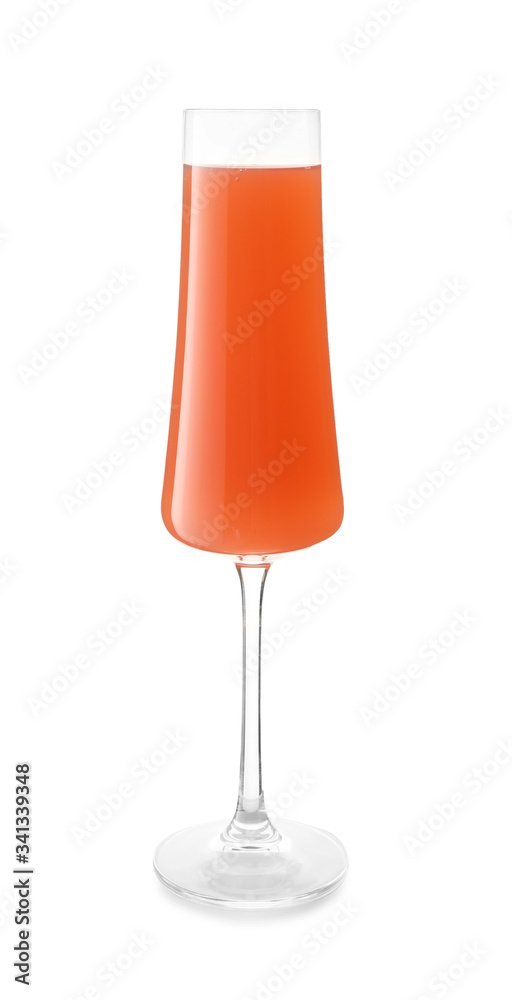 Glass of tasty mimosa cocktail on white background