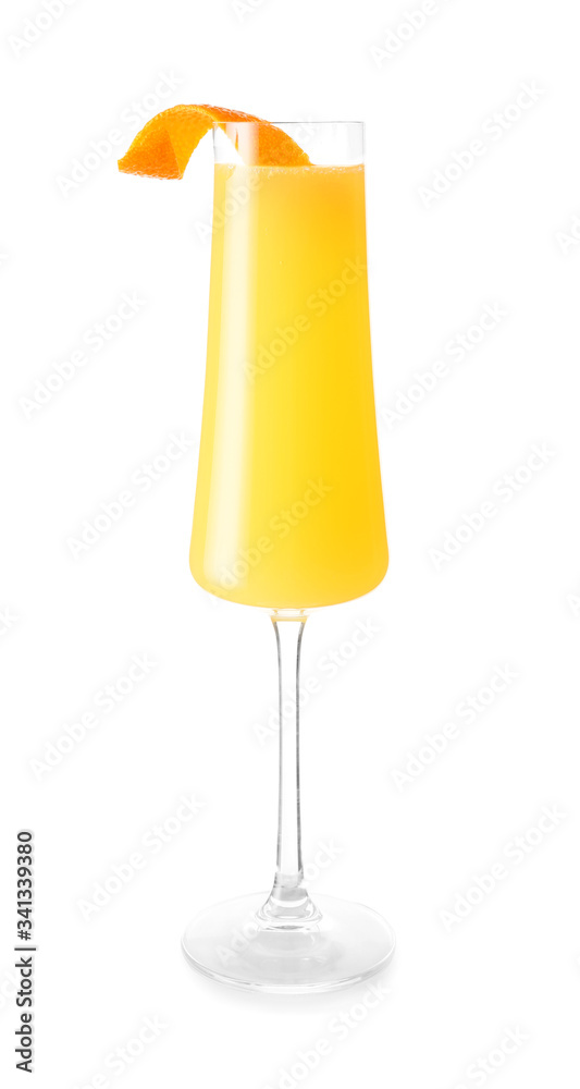 Glass of tasty mimosa cocktail on white background