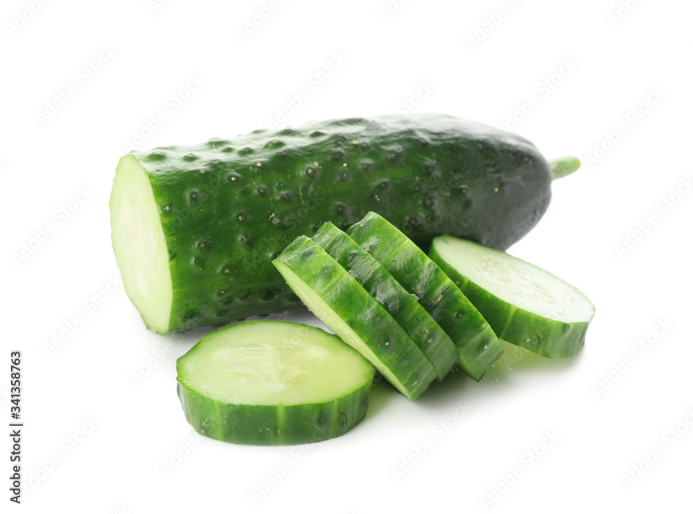 Green cut cucumber on white background