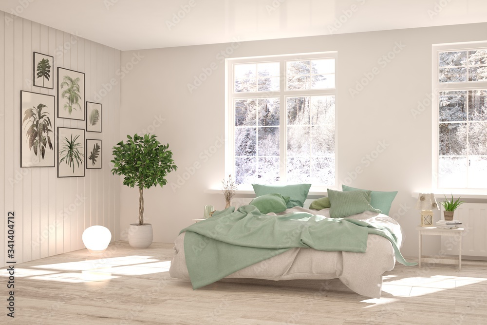 Stylish bedroom in white color with winter landscape in window. Scandinavian interior design. 3D ill