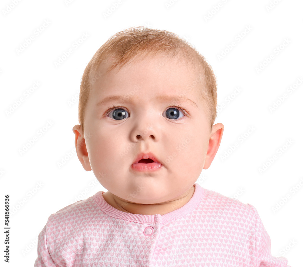 Cute baby in stylish clothes on white background