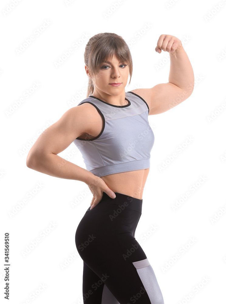 Sporty muscular woman on white background