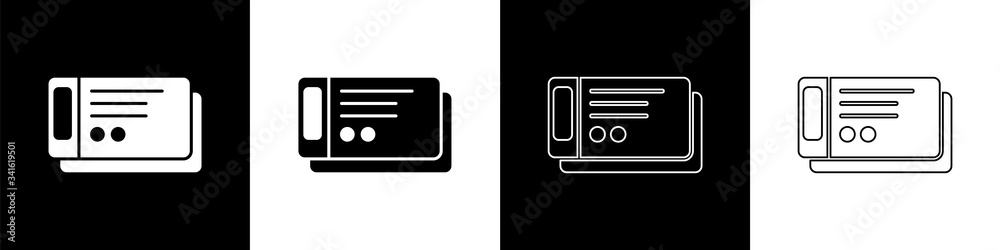 Set Travel ticket icon isolated on black and white background. Train, ship, plane, tram, bus transpo