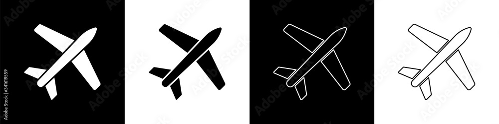 Set Plane icon isolated on black and white background. Flying airplane icon. Airliner sign.  Vector 