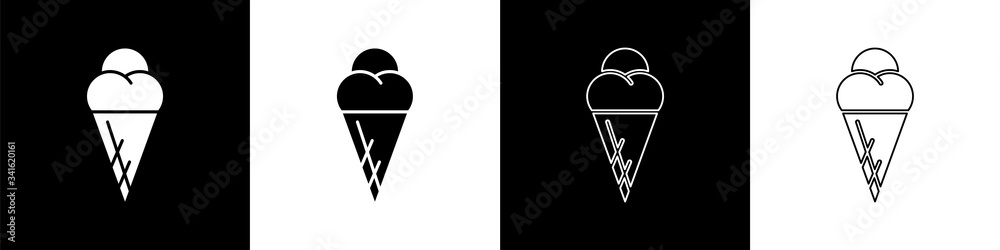 Set Ice cream in waffle cone icon isolated on black and white background. Sweet symbol.  Vector Illu