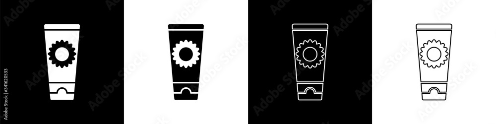 Set Sunscreen cream in tube icon isolated on black and white background. Protection for the skin fro